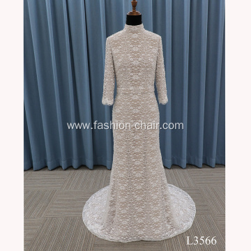 High Neck Long Sleeve Backless Full Lace Flower Denmark Wedding Dress Bridal Gown